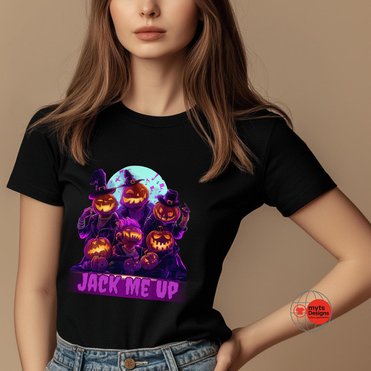 Person wearing a black t-shirt with Halloween-themed design and text 'Jack Me Up'.