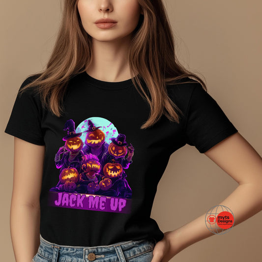 Person wearing a black t-shirt with Halloween-themed design and text 'Jack Me Up'.