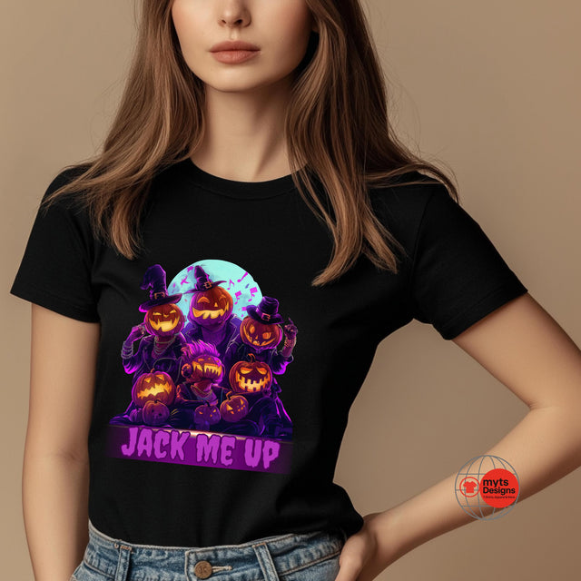 Person wearing a black t-shirt with Halloween-themed design and text 'Jack Me Up'.