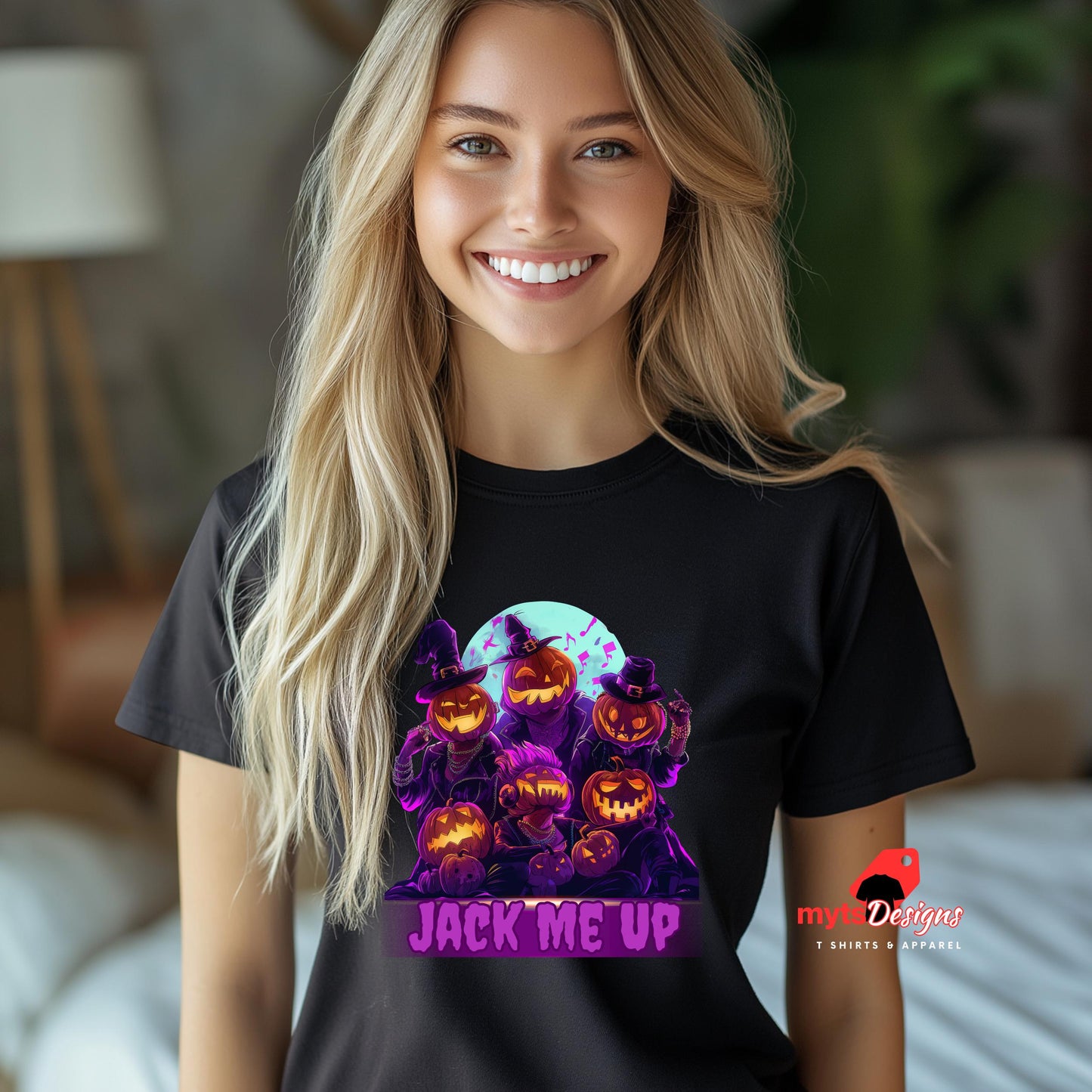 Woman wearing a black t-shirt with Halloween-themed design and 'my shirt designs' logo.