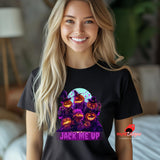 Woman wearing a black t-shirt with Halloween-themed design and 'my shirt designs' logo.