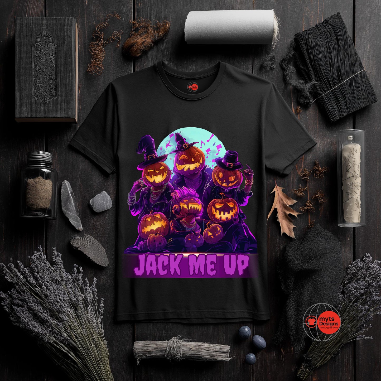 Black t-shirt with Halloween-themed design featuring pumpkins and text on a dark wooden surface.