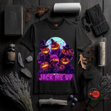Black t-shirt with Halloween-themed design featuring pumpkins and text on a dark wooden surface.