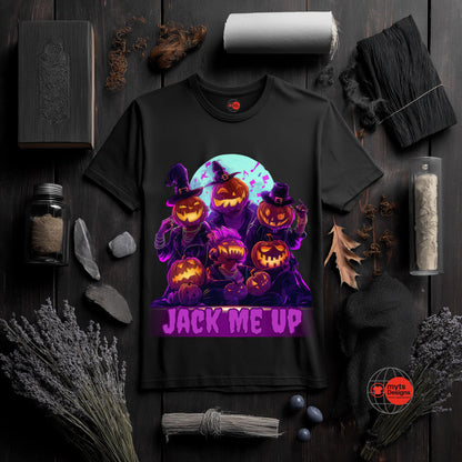 Black t-shirt with Halloween-themed design featuring pumpkins and text on a dark wooden surface.