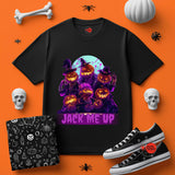 Black t-shirt with Halloween-themed design on an orange background with pumpkins, skulls, and bones.