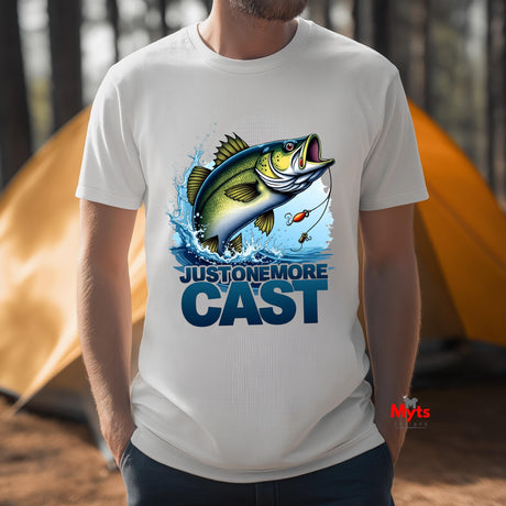 Person wearing a white t-shirt with a fishing graphic and text 'JUSTONEMORE CAST' in front of orange tents.