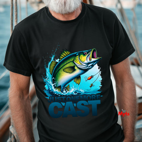 Person wearing a black t-shirt with a fishing graphic and text on a boat.