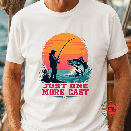 Just One More Cast retro fishing T-shirt with sunset angler and jumping fish graphic on white unisex tee