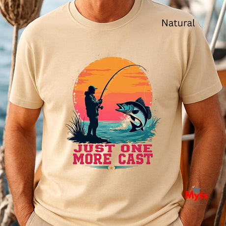 Natural t-shirt with a fishing graphic and 'Just One More Cast' text, worn by a person.