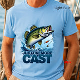 Light blue t-shirt with a fish graphic and text 'Just One More Cast' on a person.