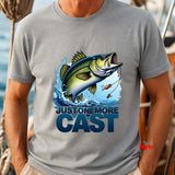 Person wearing a gray t-shirt with a fishing graphic and text 'Just One More Cast' on a boat.