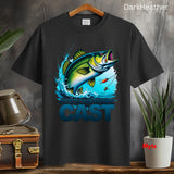 Black t-shirt with a fish graphic and 'CAST' text on a wooden surface with plants and a suitcase.