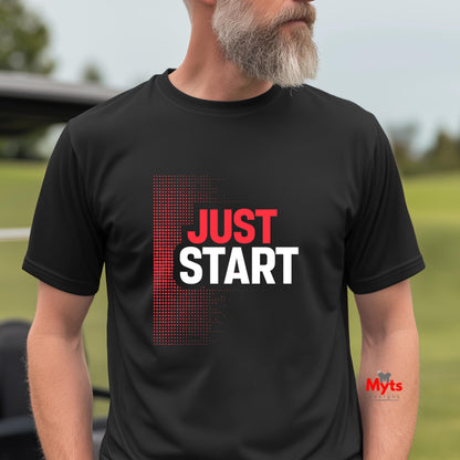 Man wearing a black t-shirt with 'JUST START' text, outdoors.