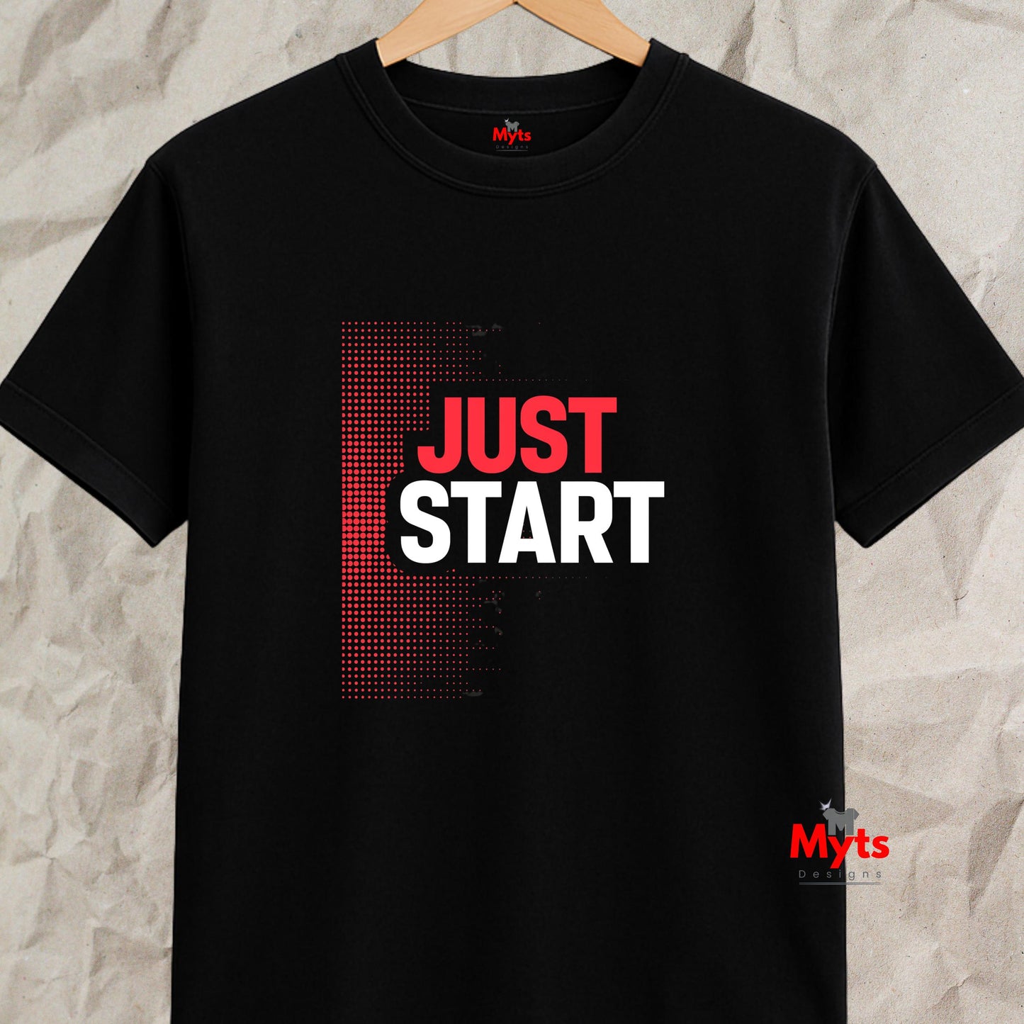 Black t-shirt with 'JUST START' text on a textured gray background