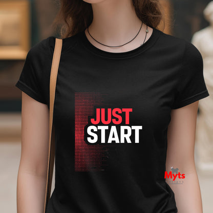 Person wearing a black t-shirt with 'JUST START' text, brand 'Myts' visible.