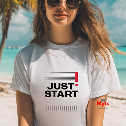 Woman wearing a white t-shirt with 'JUST START' text on a beach