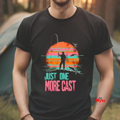 Person wearing a black t-shirt with a fishing graphic and text 'Just One More Cast' in an outdoor setting.
