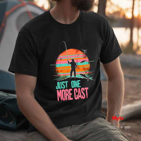 Person wearing a black t-shirt with a fishing graphic and text, sitting outdoors.