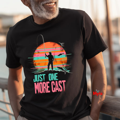 Person wearing a black t-shirt with a fishing graphic and text 'Just One More Cast'.