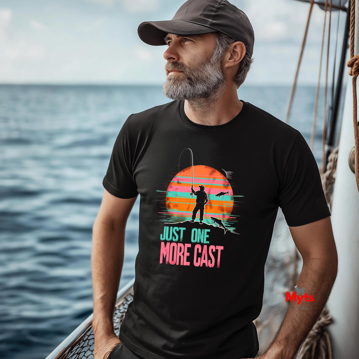 Man on a boat wearing a black t-shirt with a fishing graphic and text.