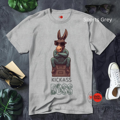 Sports grey T-shirt with a cartoon donkey wearing sunglasses and sitting confidently with arms crossed, above the bold phrase “Kickass Boss.” A humorous workplace-themed shirt by MytsDesigns, perfect for office gifts, boss appreciation, and funny everyday wear.