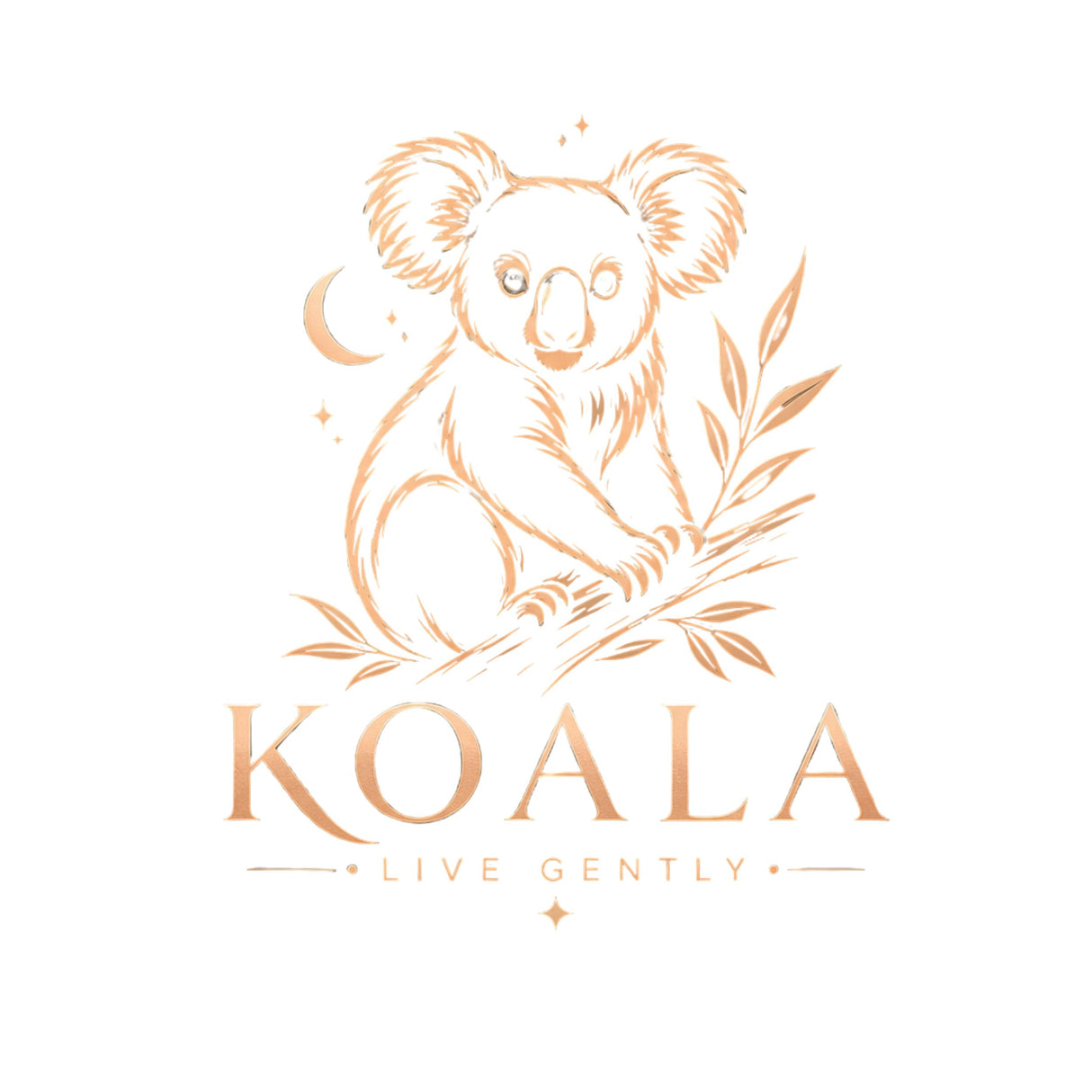 A minimalist gold line art logo featuring a koala sitting on a branch with a crescent moon and stars, above the text 'KOALA' and 'LIVE GENTLY' on a white background.