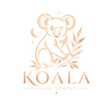 A minimalist gold line art logo featuring a koala sitting on a branch with a crescent moon and stars, above the text 'KOALA' and 'LIVE GENTLY' on a white background.