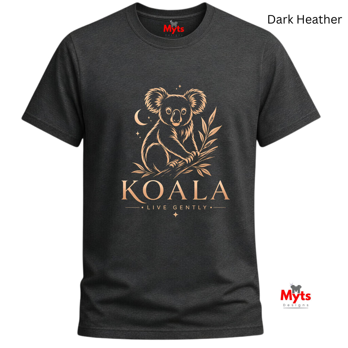 A dark heather gray t-shirt with a gold graphic of a koala holding a leafy branch, with the word 'KOALA' and 'LIVE GENTLY' printed below. The brand name 'Myts' is visible on the inner neck label and as a watermark in the bottom right corner.