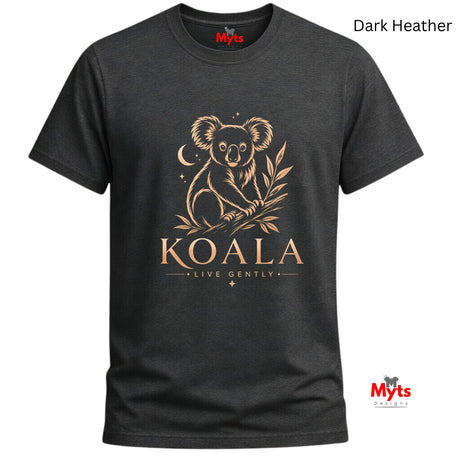 A dark heather gray t-shirt with a gold graphic of a koala holding a leafy branch, with the word 'KOALA' and 'LIVE GENTLY' printed below. The brand name 'Myts' is visible on the inner neck label and as a watermark in the bottom right corner.