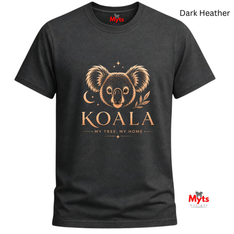 A dark heather gray t-shirt featuring a graphic print of a koala face, crescent moon, stars, and the text 'KOALA - MY TREE, MY HOME' in a warm tan color. The brand name 'Myts' is visible on the inner neck label and as a watermark logo in the bottom right corner.