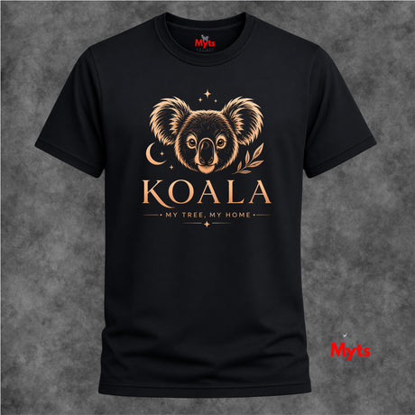 A black short-sleeve t-shirt with a gold graphic of a koala bear, a crescent moon, and the text 'KOALA MY TREE, MY HOME' on the front, displayed against a textured gray background.