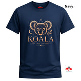 A navy blue short-sleeve t-shirt with a gold graphic of a koala face, crescent moon, stars, and the text 'KOALA MY TREE, MY HOME'. The word 'Navy' is written in the top right corner, and the 'Myts' brand logo is visible on the inner neck label and as a watermark in the bottom right corner.
