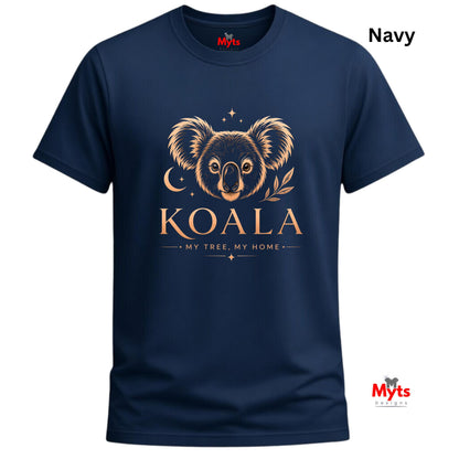 A navy blue short-sleeve t-shirt with a gold graphic of a koala face, crescent moon, stars, and the text 'KOALA MY TREE, MY HOME'. The word 'Navy' is written in the top right corner, and the 'Myts' brand logo is visible on the inner neck label and as a watermark in the bottom right corner.