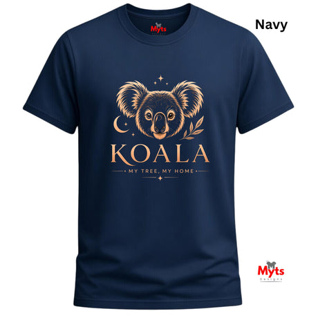 A navy blue short-sleeve t-shirt with a gold graphic of a koala face, crescent moon, stars, and the text 'KOALA MY TREE, MY HOME'. The word 'Navy' is written in the top right corner, and the 'Myts' brand logo is visible on the inner neck label and as a watermark in the bottom right corner.