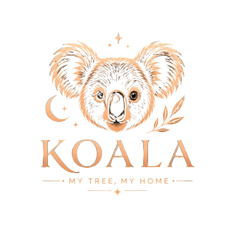 A stylized koala face illustration above the word 'KOALA' in large peach-colored lettering, with the phrase 'MY TREE, MY HOME' underneath on a plain white background.