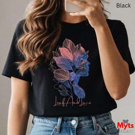 Person wearing a black t-shirt with floral design and 'Myts' branding.