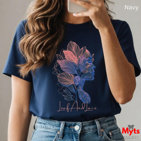 Person wearing a navy t-shirt with floral design and 'Myts' branding.