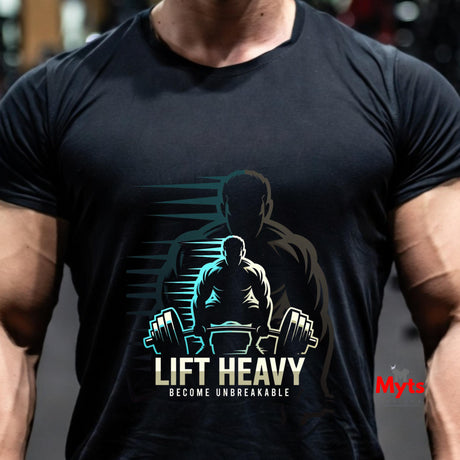 Person wearing a black t-shirt with a 'Lift Heavy' graphic design.
