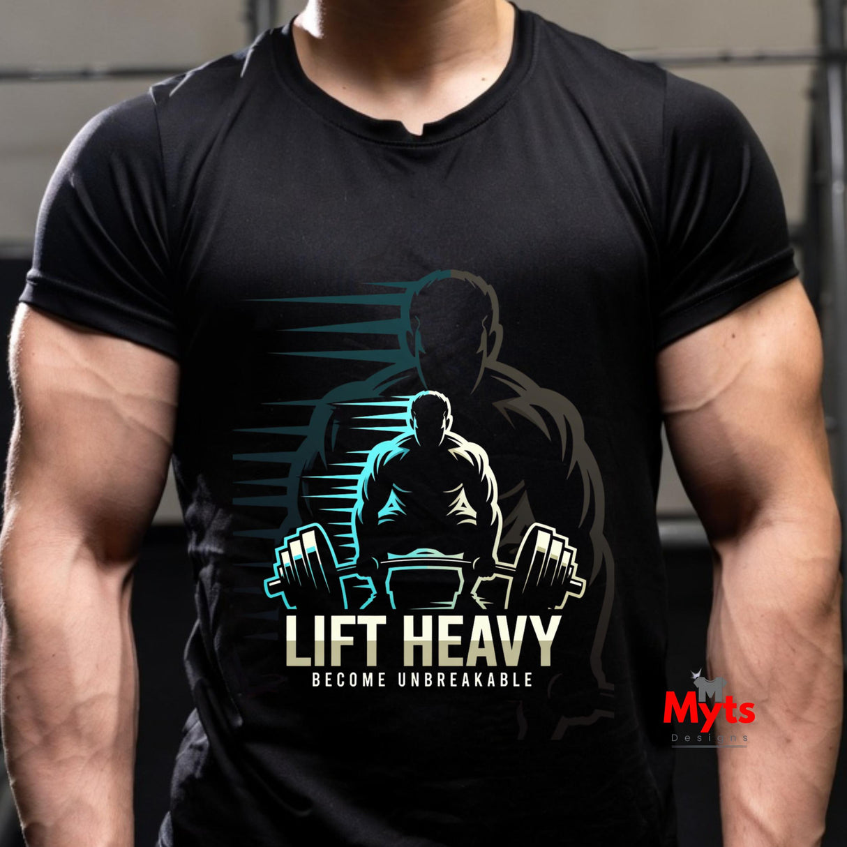 Person wearing a black t-shirt with a 'Lift Heavy, Become Unbreakable' graphic design.