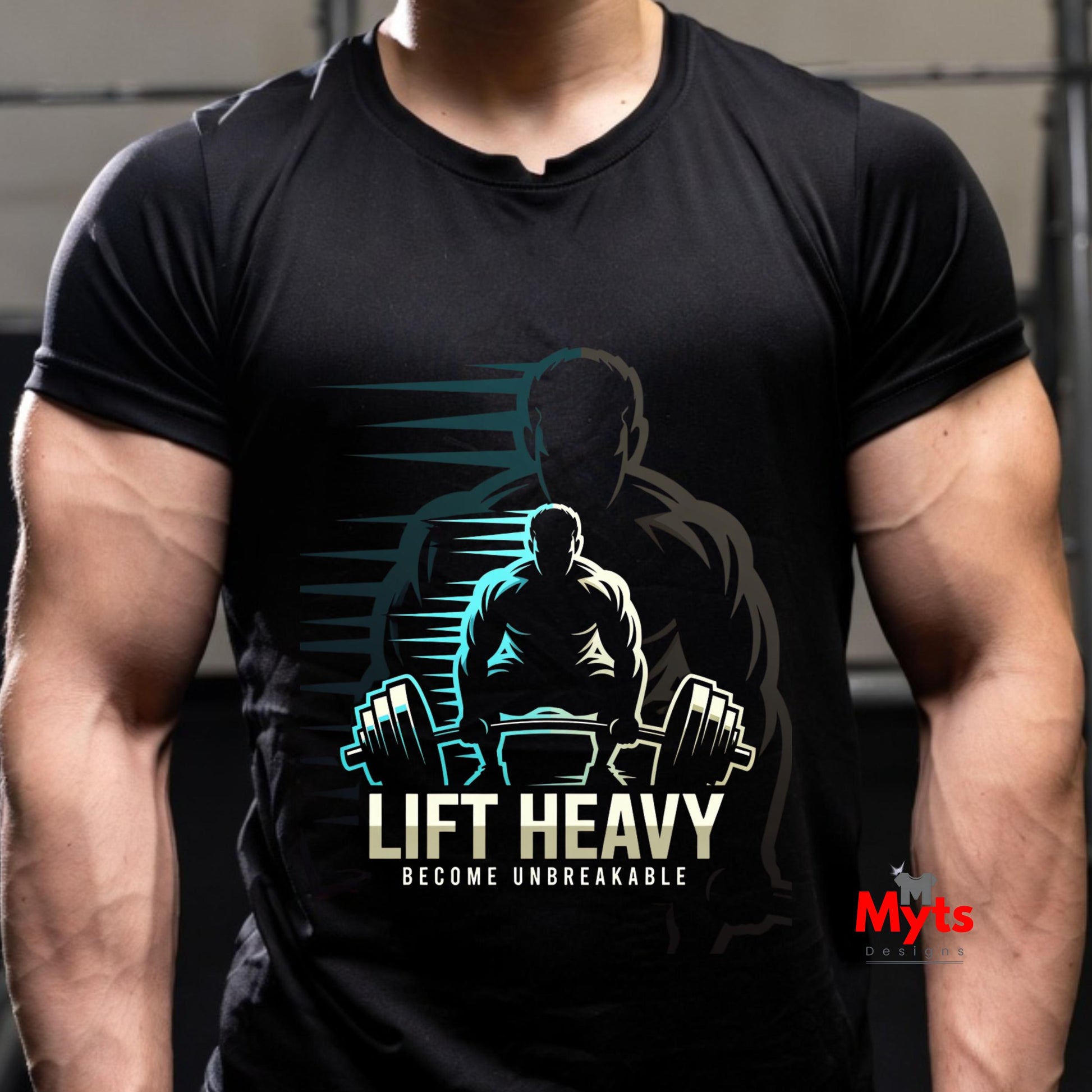 Person wearing a black t-shirt with a 'Lift Heavy, Become Unbreakable' graphic design.