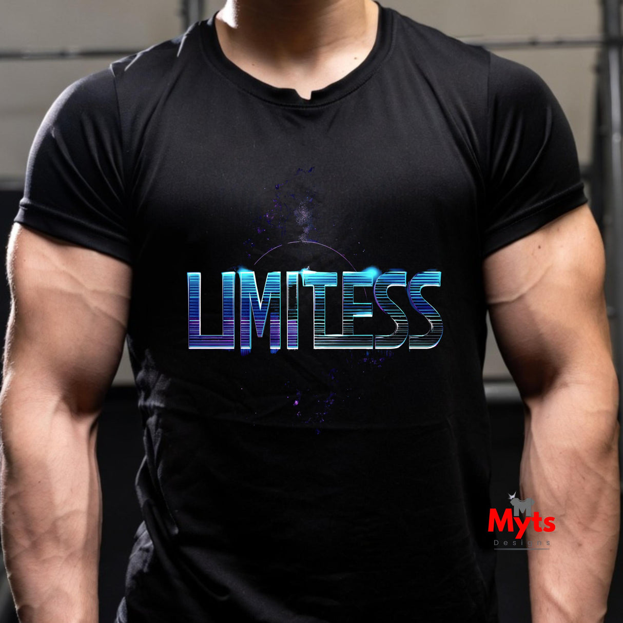 Person wearing a black t-shirt with 'Limitless' text design, brand 'Myts' visible.