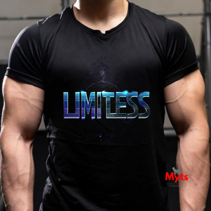 Person wearing a black t-shirt with 'Limitless' text design, brand 'Myts' visible.