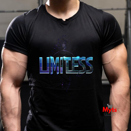 Person wearing a black t-shirt with 'Limitless' text design, brand 'Myts' visible.