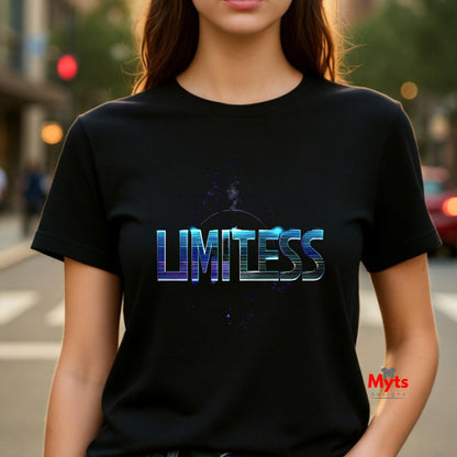 Person wearing a black t-shirt with 'LIMITLESS' printed on it, standing on a street.