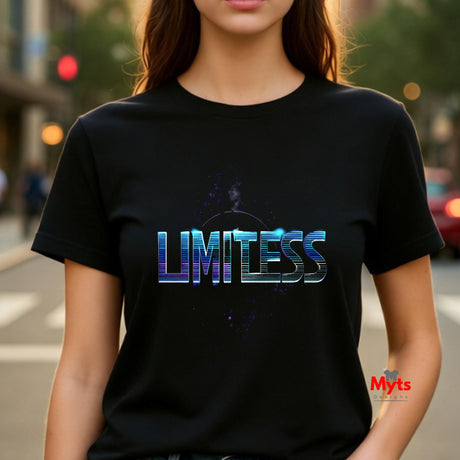Person wearing a black t-shirt with 'LIMITLESS' printed on it, standing on a street.