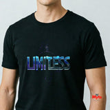 Black t-shirt with 'LIMITESS' printed on it, worn by a person.