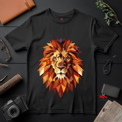 Black t-shirt with a colorful lion graphic on a dark surface with a camera and books.