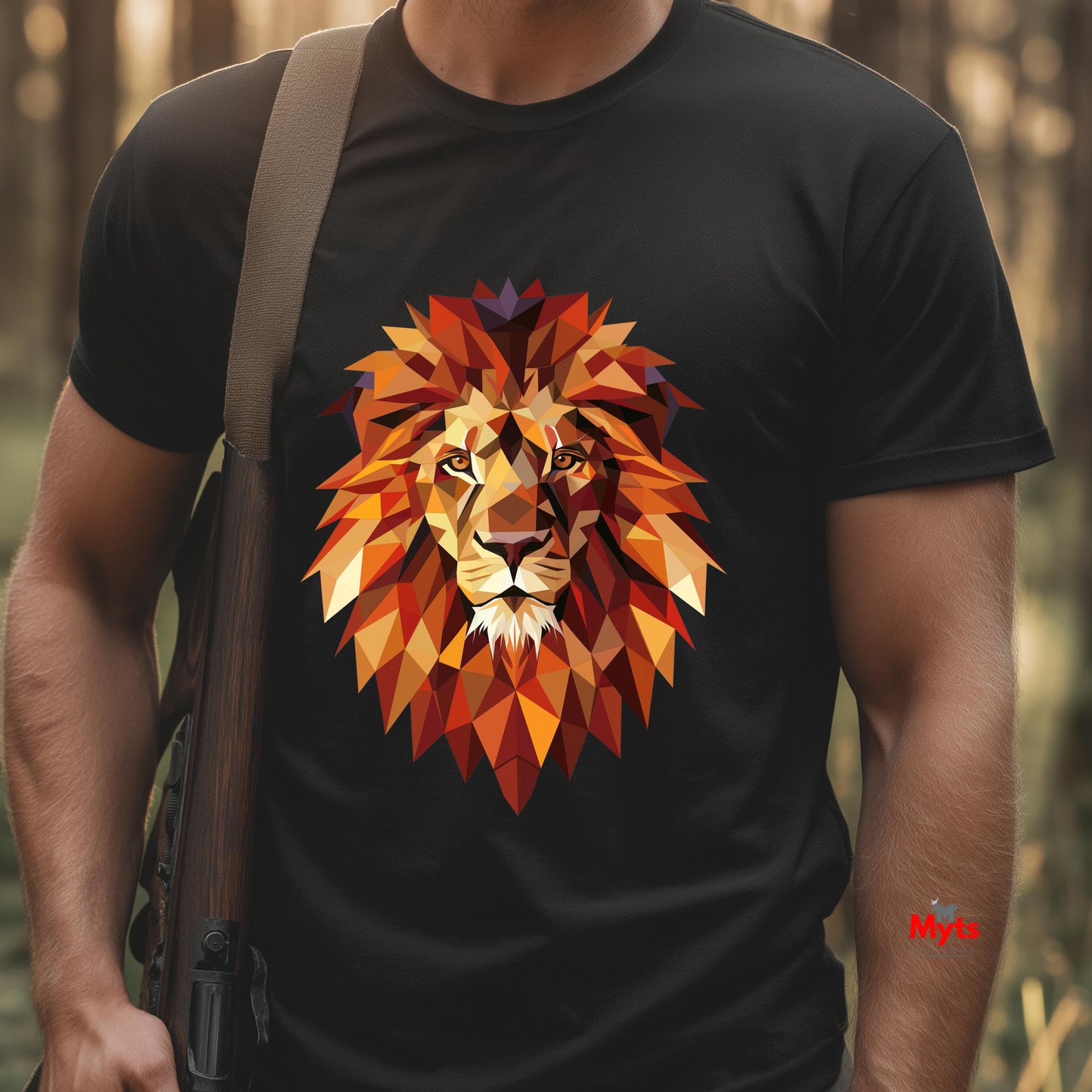 Person wearing a black t-shirt with a colorful lion graphic in a forest setting