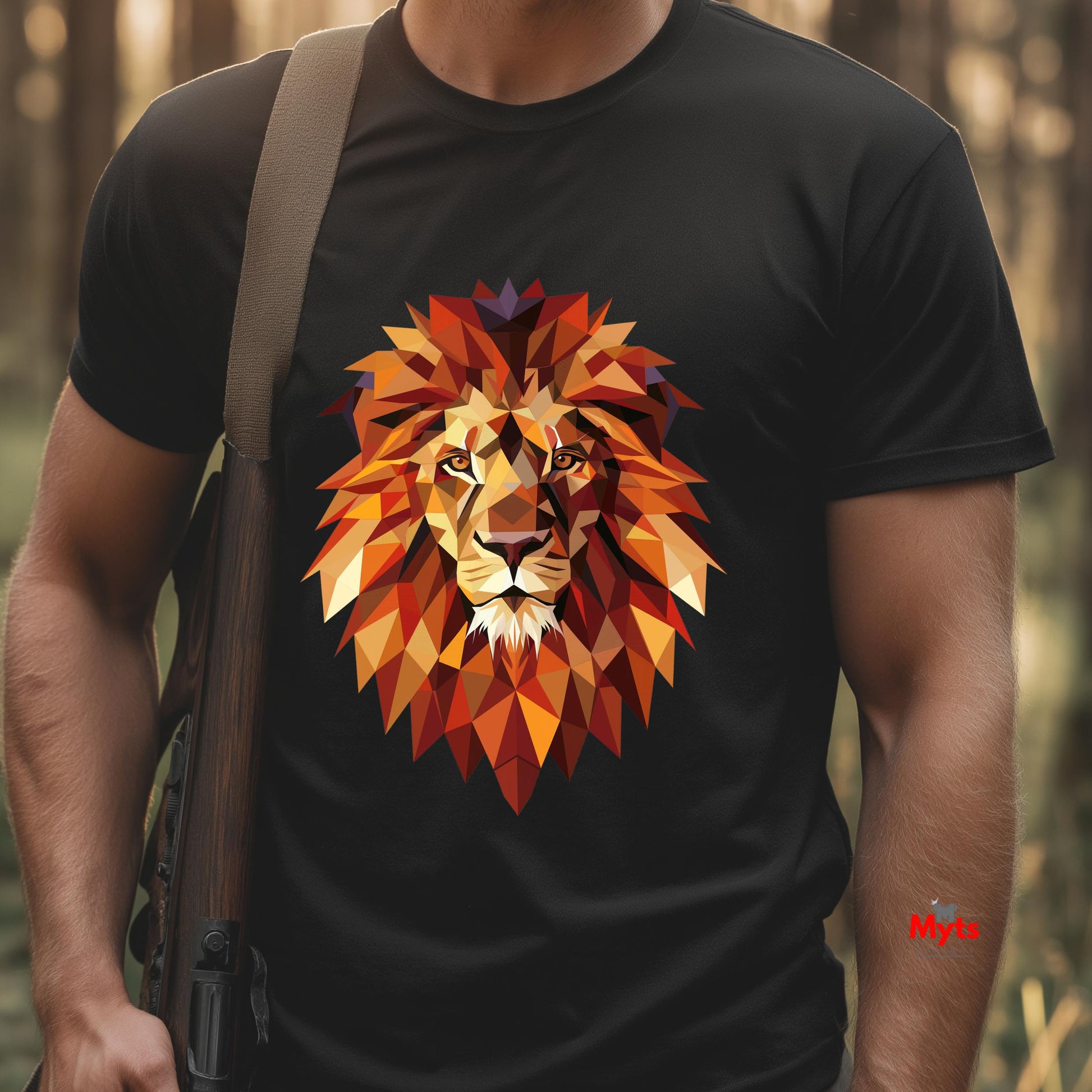 Person wearing a black t-shirt with a colorful lion graphic in a forest setting