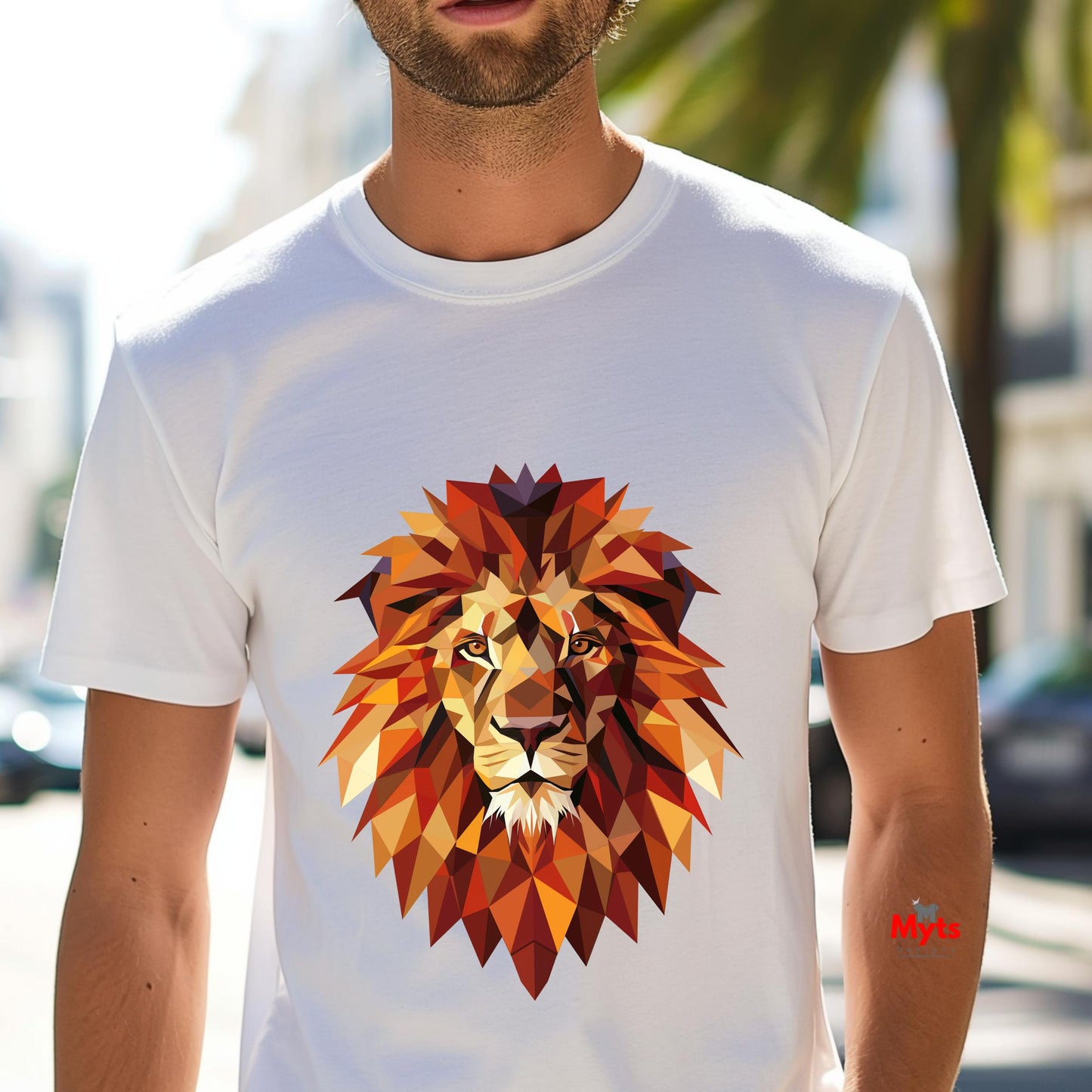 Person wearing a white t-shirt with a colorful lion graphic design outdoors.